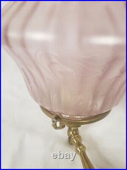 Antique Set of French Dual Head Sconces with Pink Ruffled Glass Shades a Pair