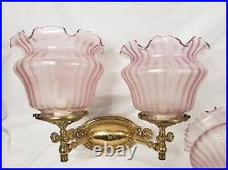 Antique Set of French Dual Head Sconces with Pink Ruffled Glass Shades a Pair