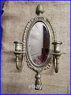 Antique Solid Brass Mirror Double Candle Wall Sconce Pineapple Motif Thailand