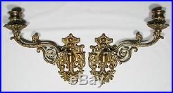 Antique Solid Brass Piano/Wall Sconce Candle Holders Victorian Rococo (2) Pair