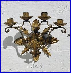 Antique Spanish Revival 4 Arm Wall Candle Candelabra Gilt Wrought Iron Gothic