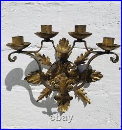 Antique Spanish Revival 4 Arm Wall Candle Candelabra Gilt Wrought Iron Gothic