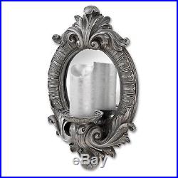 Antique Style Distressed Silver Grey Wall Oval Mirror with Pillar Candle Holder