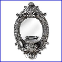 Antique Style Distressed Silver Grey Wall Oval Mirror with Pillar Candle Holder