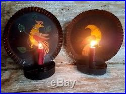 Antique Tin Candle Sconce Tole Painted Bird Wall Holder Pair PA Dutch Style