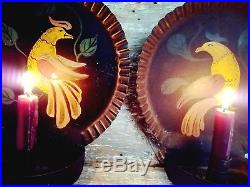 Antique Tin Candle Sconce Tole Painted Bird Wall Holder Pair PA Dutch Style