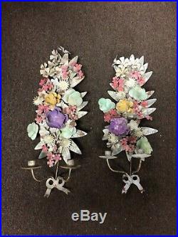 Antique Tole Metal Flower Wall Sconce, Pair Candle Holder, Distressed Wall Sconc