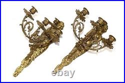 Antique Unique Pair of 2 Heavy Bronze Wall Candlesticks 4 Branches 19th Century