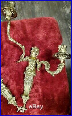 Antique/VTG Bronze/Brass CHERUB ANGELS Sconces WALL candle holders lighted HEAVY