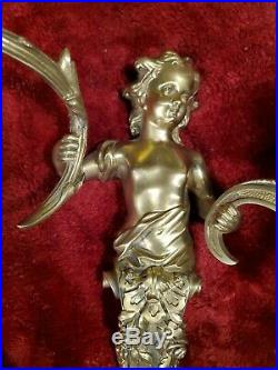 Antique/VTG Bronze/Brass CHERUB ANGELS Sconces WALL candle holders lighted HEAVY