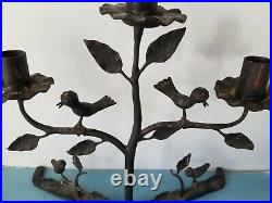 Antique/VTG Wrought Iron Candle Holder Birds Table Stand Wall Sconce Primitive