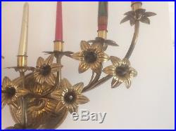Antique Victorian Brass Floral Wall Sconce Candle Holder