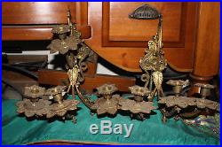 Antique Victorian Brass Metal 4 Arm Wall Sconce Candle Holders-Pair-Flowers