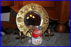 Antique Victorian Brass Metal Double Arm Candle Holder Circular Wall Mirror