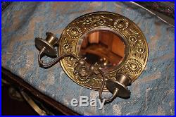 Antique Victorian Brass Metal Double Arm Candle Holder Circular Wall Mirror