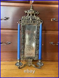 Antique Victorian Gilt Bronze Mirror / Candle Holder Wall Sconce Dolphins PATINA