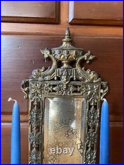 Antique Victorian Gilt Bronze Mirror / Candle Holder Wall Sconce Dolphins PATINA