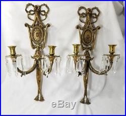 Antique Vintage Brass Candelbra Wall Candlestick Holder Sconces Crystals RARE