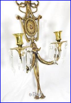 Antique Vintage Brass Candelbra Wall Candlestick Holder Sconces Crystals RARE