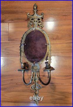 Antique / Vintage Brass Double Candle Wall Sconce w Beveled Mirror
