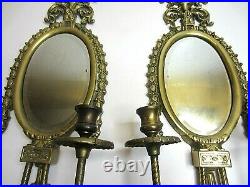 Antique Vintage Brass Ornate Mirror Candle Holders Wall Sconces Pair Large 24