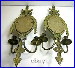 Antique Vintage Brass Ornate Mirror Candle Holders Wall Sconces Pair Large 24