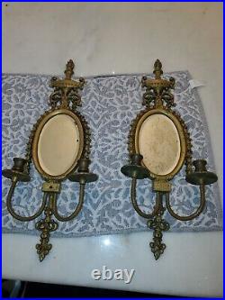 Antique Vintage Brass Pagoda MIRROR WALL SCONCE Candle Holder
