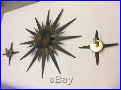 Antique Vintage MID Century Starburst Wall Clock Candle Holder Set