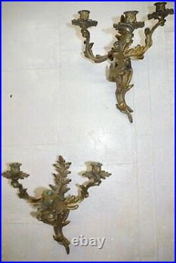 Antique Vintage Pair French Rococo Ornate Brass Wall Sconces Candle Holder Heavy