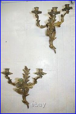 Antique Vintage Pair French Rococo Ornate Brass Wall Sconces Candle Holder Heavy