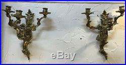 Antique Vintage Pair Gold Gilded Bronze Wall Mount Candle Holders Sconces Brass