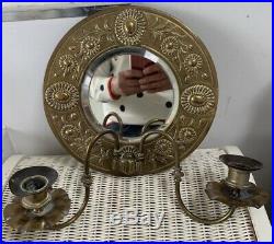Antique Vintage Victorian Art Nouveau Brass Bevelled Wall Mirror Candle Holders