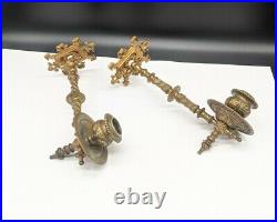 Antique Vintage Victorian Pair Of Brass Ornate Wall Swing Out Piano Candlesticks