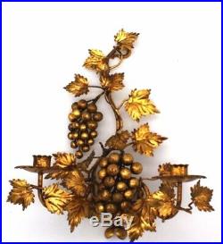 Antique Vtg Italian Gold Gilt Metal Tole Grape Vine Wall Sconce 2 Candle Holder