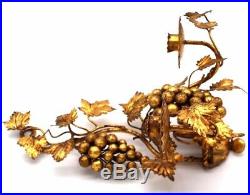 Antique Vtg Italian Gold Gilt Metal Tole Grape Vine Wall Sconce 2 Candle Holder