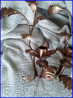 Antique Vtg Italian Gold Gilt Metal Tole Roses Wall Sconce Candle Holder Pair