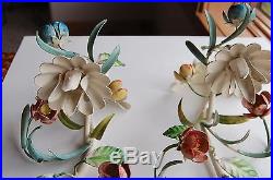 Antique Vtg Italian Metal Tole Leaves & Flowers Sconce Wall Candle Holder Pair