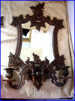 Antique Vtg Pair of Mirror Backed Bronzed Wall Sconces Candleholders