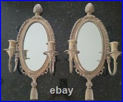 Antique Vtg Solid Brass Mirrors Double Candle Wall Sconces Pineapple Tassels
