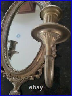Antique Vtg Solid Brass Mirrors Double Candle Wall Sconces Pineapple Tassels