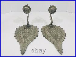 Antique Wall Sconce Candle Holders Pair Metal Leave Shape French Gothic Style
