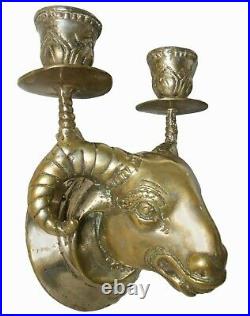 Antique West Asian Silver Dipped Metal Alloy Ram's Head Twin Wall Candle Sconce