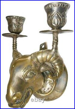 Antique West Asian Silver Dipped Metal Alloy Ram's Head Twin Wall Candle Sconce