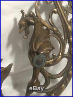 Antique ornate brass dragon Griffin piano candle holder wall sconce