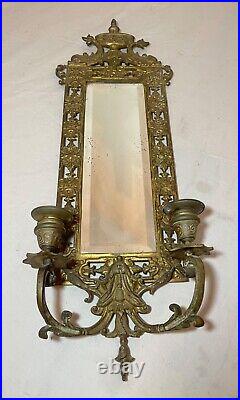 Antique ornate bronze mirror wall candle holder dolphin sconce fixture brass