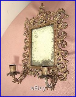 Antique ornate gold gilded bronze brass wall mirror candle holder sconce fixture