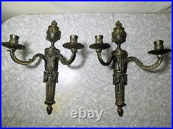 Antique solid bronze pair of wall sconce candle holders, signed