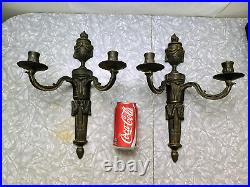 Antique solid bronze pair of wall sconce candle holders, signed