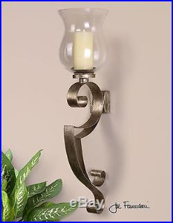 Antiqued Silver Scroll Wall Sconce Distressed Hurricane Candle Holder