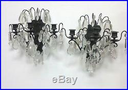 Art Nouveau Bronze and Drop Crystal Wall Sconce Candle Holders Pair